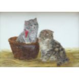 Bessie Bamber (1870-1910), Pair, 'Kittens with a parasol', and 'Kittens in a basket' oils on