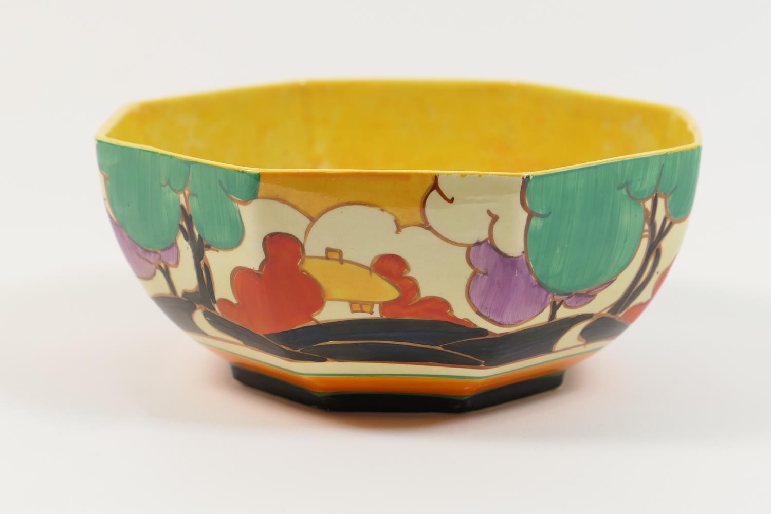 Clarice Cliff Fantasque octagonal bowl, in the Autumn pattern, circa 1935, printed marks, 19cm