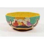 Clarice Cliff Fantasque octagonal bowl, in the Autumn pattern, circa 1935, printed marks, 19cm