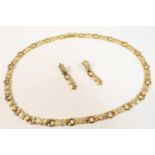 Continental 14ct gold and diamond suite, comprising necklace with polished and matted links set with