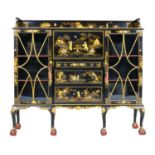 Chinoiserie lacquered secretaire display cabinet, circa 1920, inverted breakfront with three-quarter