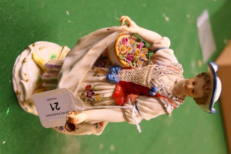 Meissen porcelain figure of a gardener, modelled holding a basket of flowers and with partial posy - Image 3 of 11