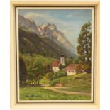 Anso Weise (1895-1986), The church of Grainau in the shadow of Zugspitze, oil on canvas, inscribed