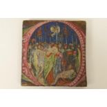 Painted wooden panel depicting 'The kiss of Judas' within a book of hours style vignette, 11.5cm x