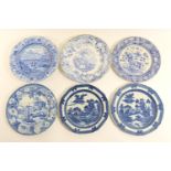 Ten Staffordshire blue and white printware plates, including Spode and Davenport; also an
