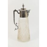 Late Victorian cut and engraved glass claret jug, with silver plated mount, hinged cover and mask