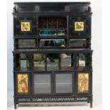 Aesthetic period ebonised salon cabinet, circa 1885, the upper part having two painted panel