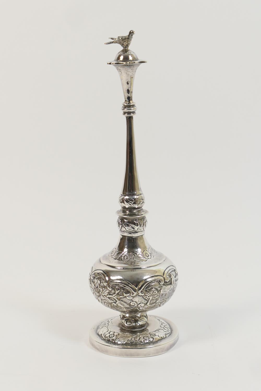 Eastern European silver rose water dropper, marked 'T.M. 94', traditional form with a bird finial,