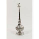 Eastern European silver rose water dropper, marked 'T.M. 94', traditional form with a bird finial,