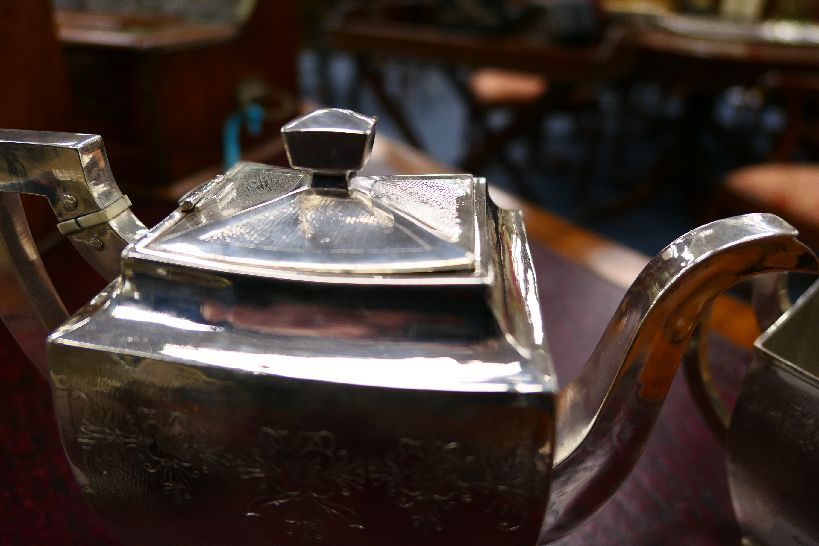 Eastern white metal three piece tea service, possibly Japanese, circa 1900, comprising square - Image 3 of 10