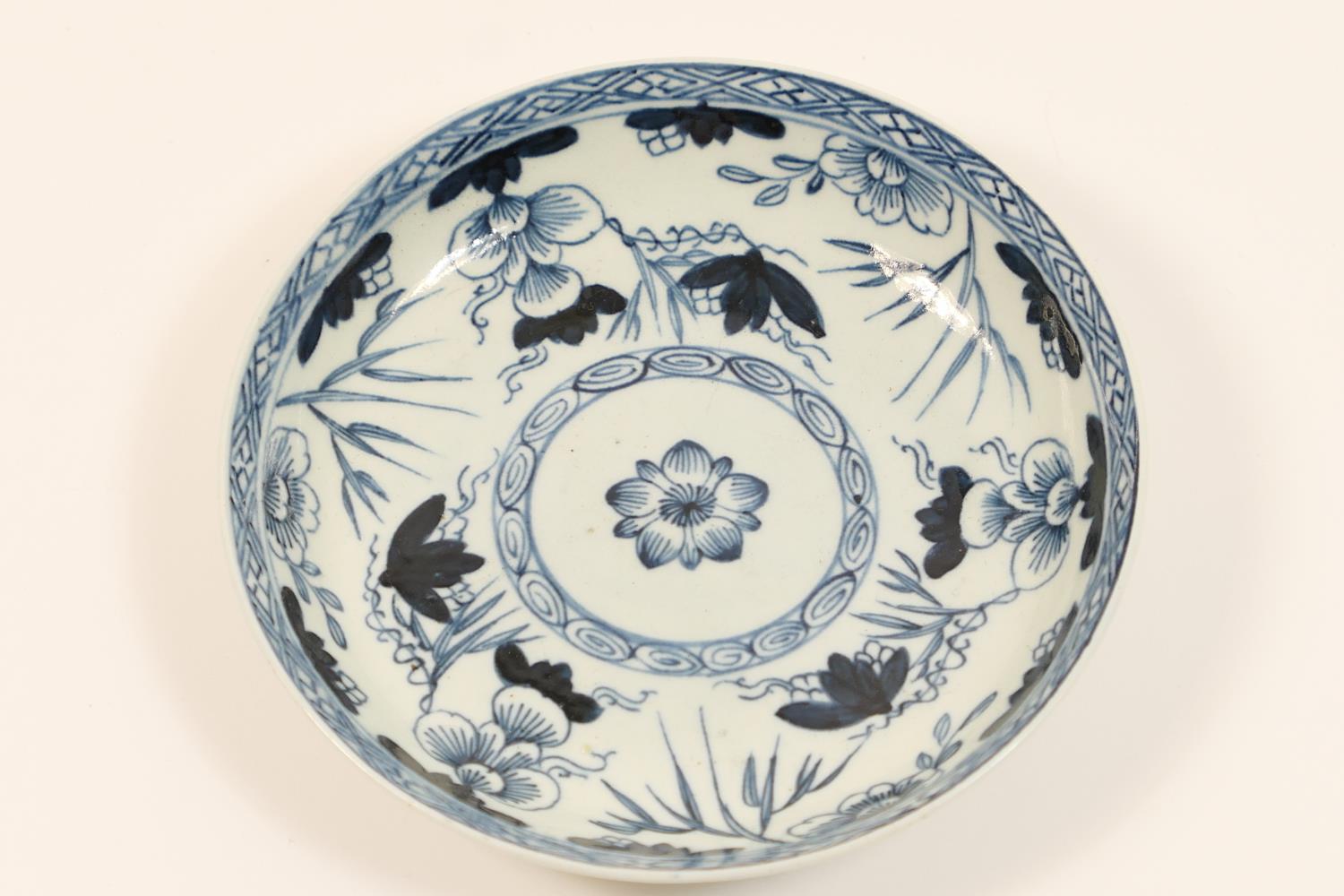 Chaffers Liverpool blue and white porcelain saucer, circa 1756-65, decorated with a formalised