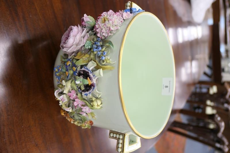 French porcelain floral encrusted jardiniere, pale celadon ground decorated with an abundance of - Image 3 of 13