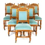 Set of six Victorian carved oak dining chairs, circa 1870, having shell and acanthus carved top