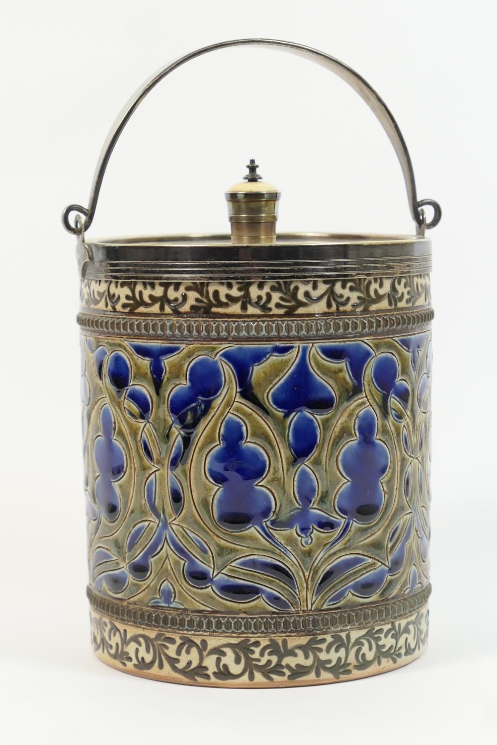 Doulton Lambeth biscuit barrel by Mark V Marshall, circa 1880, cylinder form with a silver plated