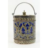 Doulton Lambeth biscuit barrel by Mark V Marshall, circa 1880, cylinder form with a silver plated