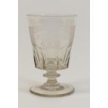 Sunderland Bridge engraved glass rummer, circa 1840, with a faceted bucket bowl over a blade knopped