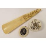 Japanese shibayama ivory circular box, Meiji (1868-1912), 6.5cm; also a Chinese carved ivory