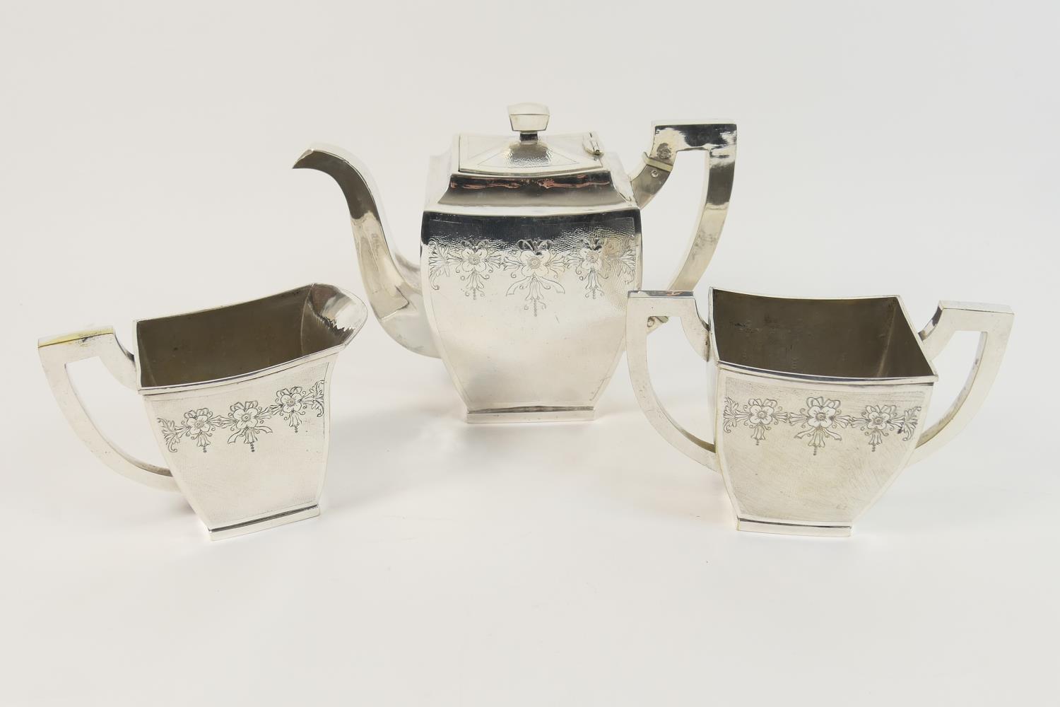 Eastern white metal three piece tea service, possibly Japanese, circa 1900, comprising square