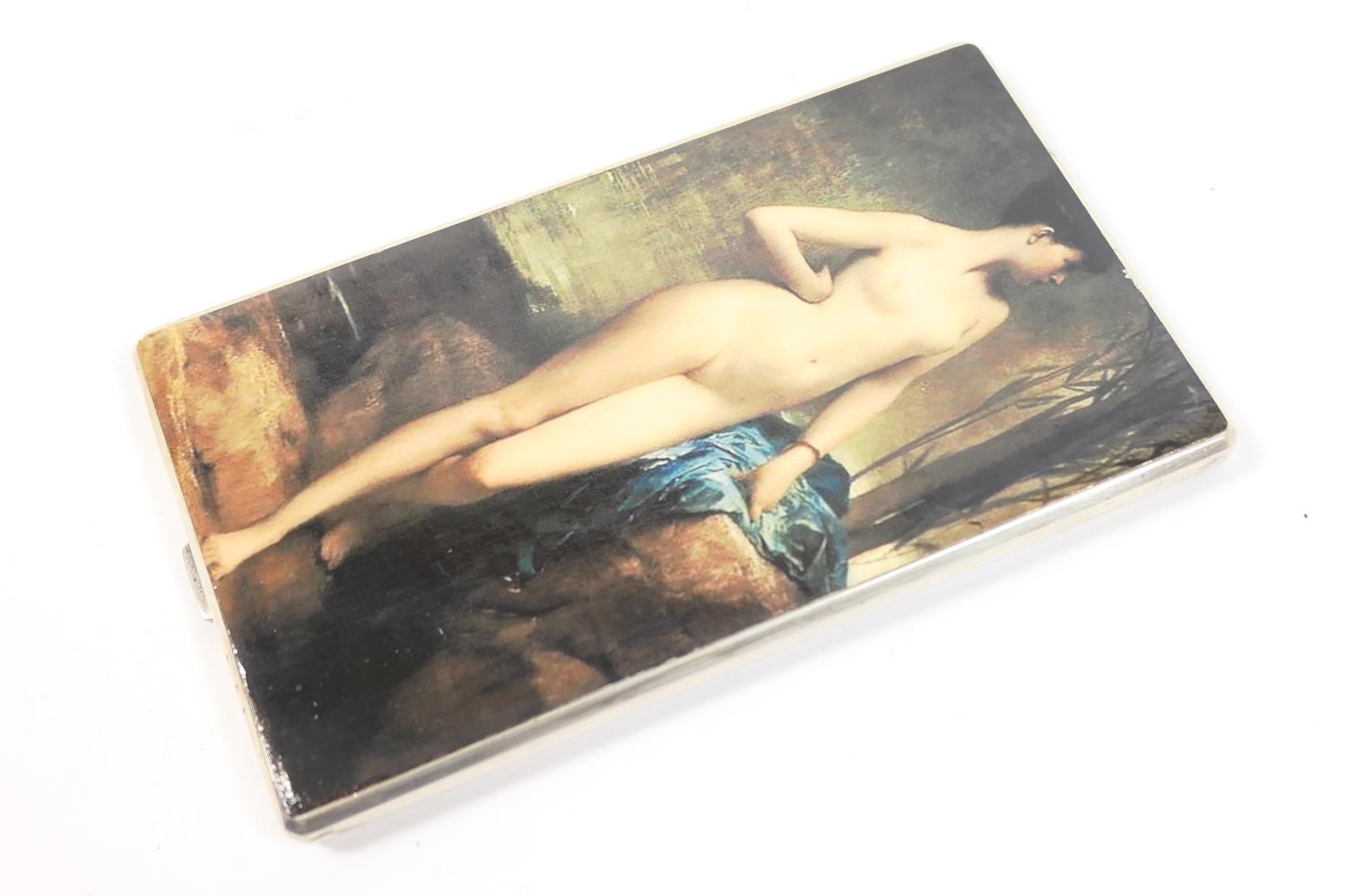 Silver cigarette case, Birmingham 1949, decorated with a varnished print of a nude after William