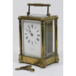French brass carriage timepiece, retailed by Lawson & Son, Brighton, white enamelled dial with Roman