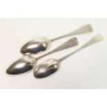 Pair of George III silver tablespoons, maker B.C., London 1766, also a Queen Anne silver rat tail