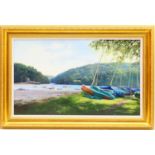 Graham Petley (b. 1944), River Dart from Dittisham Dinghy Park, Devon, oil on canvas, signed, titled