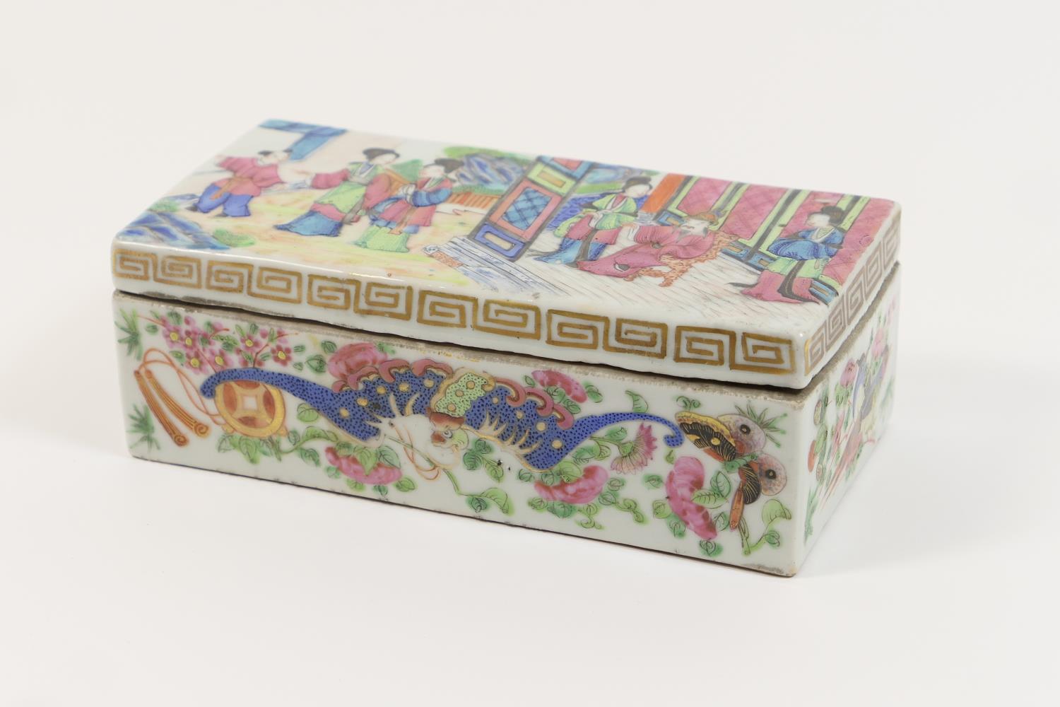 Chinese scholar's famille rose box and cover, early 19th Century, rectangular form, the lid