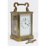 French brass carriage clock, circa 1900-20, white enamelled dial with Roman numerals, the movement