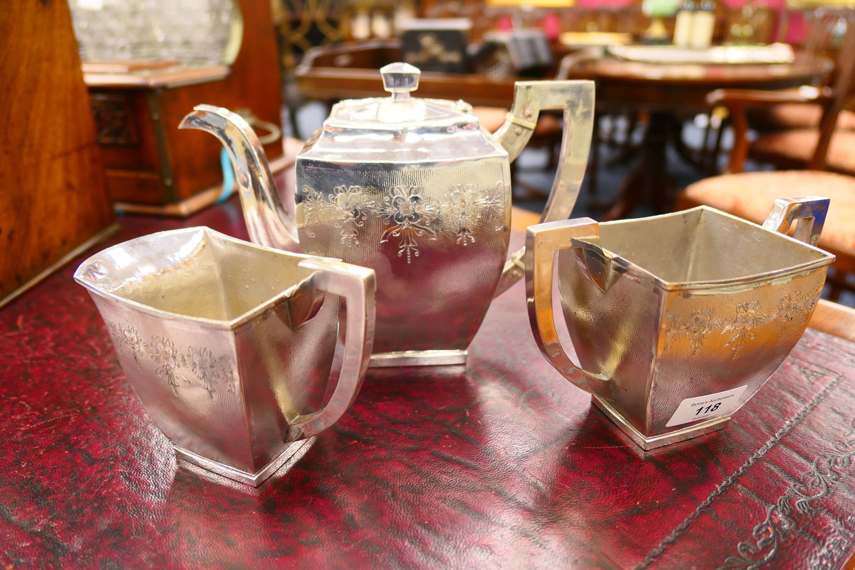 Eastern white metal three piece tea service, possibly Japanese, circa 1900, comprising square - Image 10 of 10