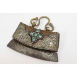 Tibetan flint/tinder pouch, with an arched flint iron to the base and a looping handle at the top,