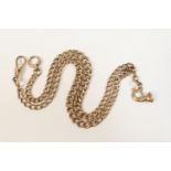 9ct gold double graduated curb link watch chain, with ring clip, spring clip and French horn