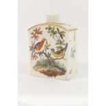 Meissen porcelain tea caddy, circa 1750, arched rectangular form decorated on either side with