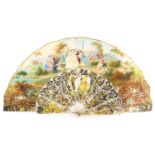 French mother of pearl and hand decorated fan, early 19th Century, painted with a fete-champetre