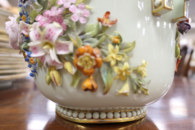 French porcelain floral encrusted jardiniere, pale celadon ground decorated with an abundance of - Image 5 of 13