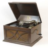 HMV oak table top gramophone, with winding key and nickel plated tone arm, 46cm x 59cm x 34cm