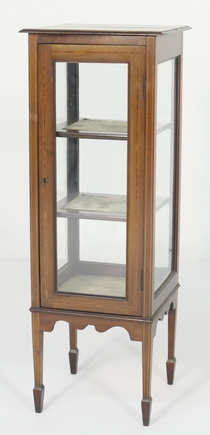 Edwardian mahogany and inlaid pillar display cabinet, circa 1900, glazed on all four sides and