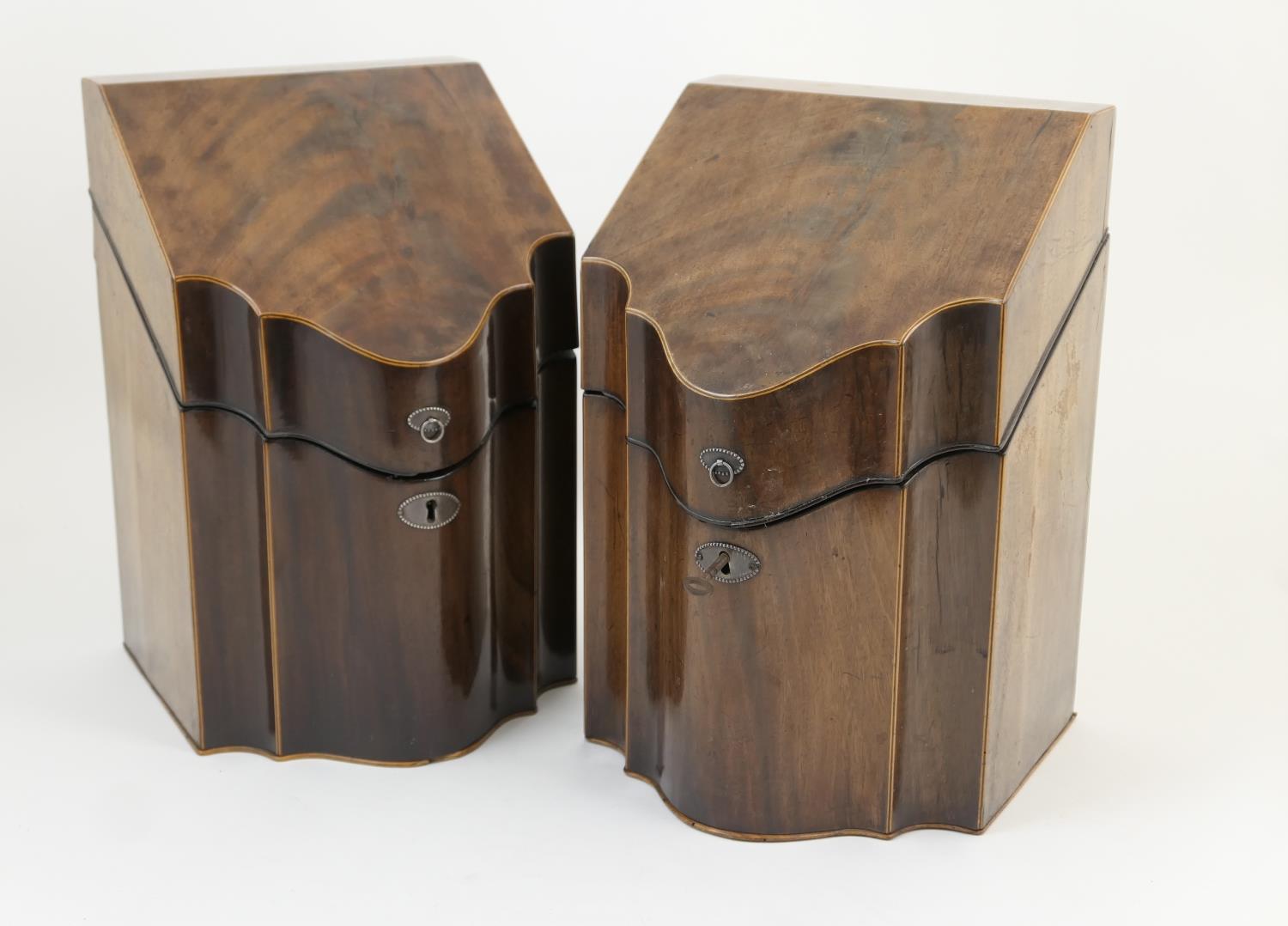 Pair of George III mahogany knife boxes, circa 1800, traditional sloping form, complete with