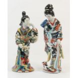 Two Japanese Kutani porcelain figures of Bijin, decorated throughout in brightly coloured enamels,