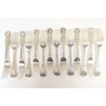 Nine Victorian silver Kings pattern dessert forks, London 1872, each engraved with an italic