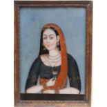 Portrait of a young woman, Gujarat, mid 19th Century, reverse painting on glass, 55cm x 35cm (