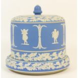 Light blue jasperware cheese bell on stand, circa 1900, with acorn finial and acorn trails and