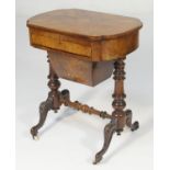 Victorian lady's burr walnut and inlaid work table, shaped top with quarter veneers inlaid with