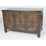 Oak joined coffer, late 17th Century, two plank top opening to a candle box interior, over a