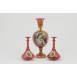 Bohemian hand decorated ruby glass pedestal vase, late 19th Century, baluster form, the body
