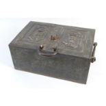 Victorian cast iron strong box, with key, rectangular form, the hinged cover cast with double