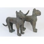 Pair of Benin style bronze leopards (Nigeria), each of traditional stylised form, height 37.5cm (