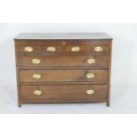 Oak joined mule chest, circa 1820, having a two plank top with three faux drawer fronts and two real