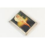 George V silver erotica cigarette case, Birmingham 1928, with engine turned decoration inset with an