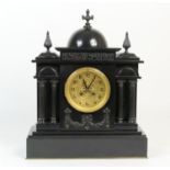 French slate mantel clock, circa 1900-10, of architectural temple form centred with a domed top with