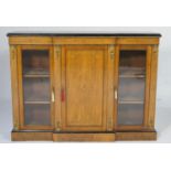 Victorian walnut and inlaid breakfront side cabinet, having a boxwood inlaid frieze with